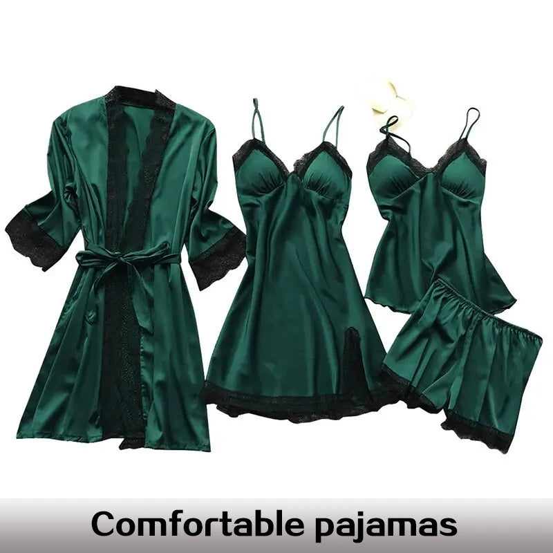 Four Piece Set of Women's Green Lace Trimmed Pajama Set Women's Home Long Robe Paired with Suspender Straps Pajama Set