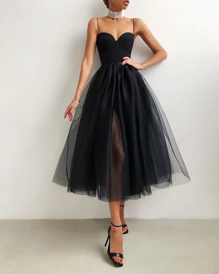 Ladies Sexy Sleeveless Tulle Mesh Dress Evening Party Solid Sundress Women Elegant Ball Gown Dress