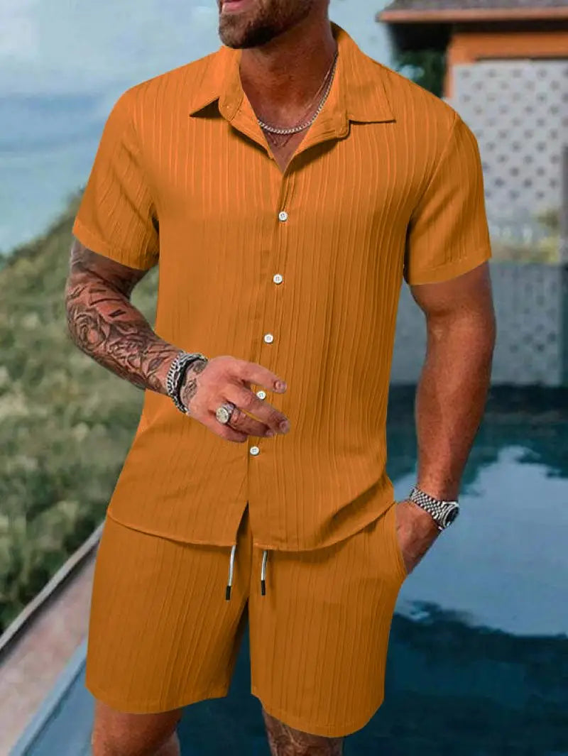 Men's Beach Suit, Striped and Solid Color Short Sleeve Shirt with Shorts, Sports Casual, Breathable, Lightweight, High-Quality Men's Wear.