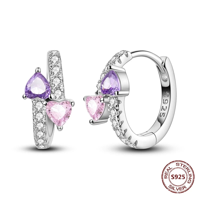 Purple Zircon Hoop Earrings 925 Sterling Silver Original U-shaped Liquid Metal Love Heart Fashion Earrings For Women Jewellery