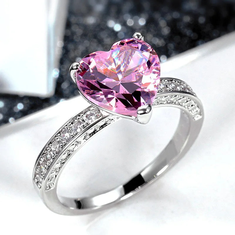 925 Sterling Silver Pink Heart Rings Women Brilliant Cubic Zirconia Bridal Wedding Party Rings Simple Stylish Female Accessories