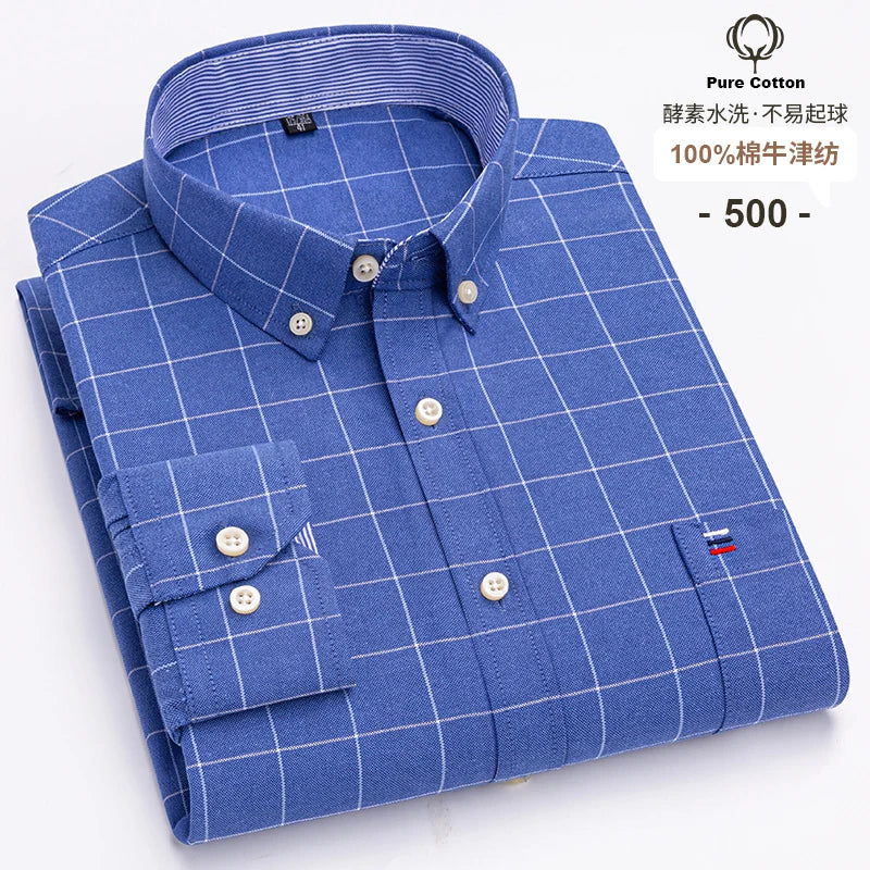 100% Cotton Oxford Men's Shirts Long Sleeves Plaid Soft Regular Fit Formal Dress