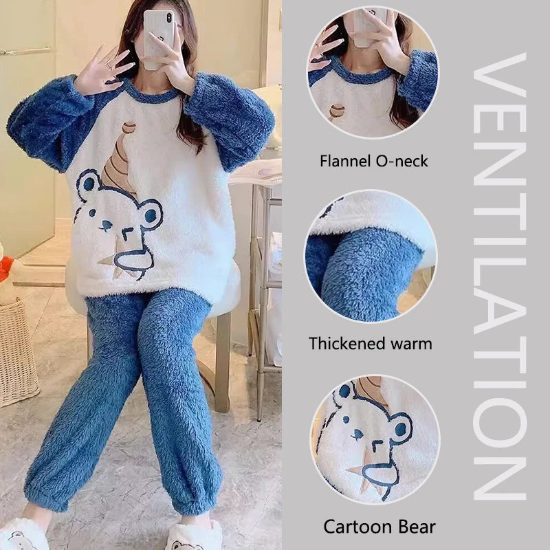 Thickened Warm Flannel Women's Sleepwear Coral Velvet Pajamas Loungewear Winter Cartoon Bear Padded Girl Nightwear Homewear Sets