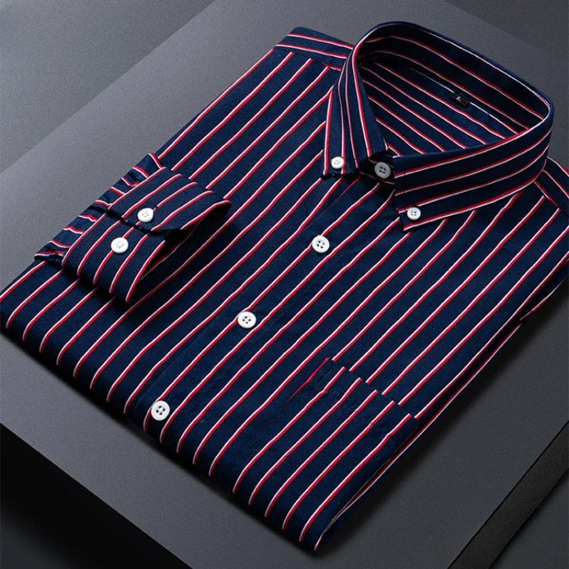 Men's Striped Shirts Formale Casual Printed Plaid Shirt Long Sleeve Slim Fit Botton Down Male Office Business Dress Shirt