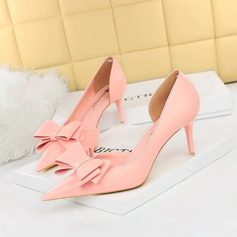 Fashion Women's Shoes Wedding Bow High Heels Stiletto Heels Shallow Pointed Head Side Empty Thin Shoes