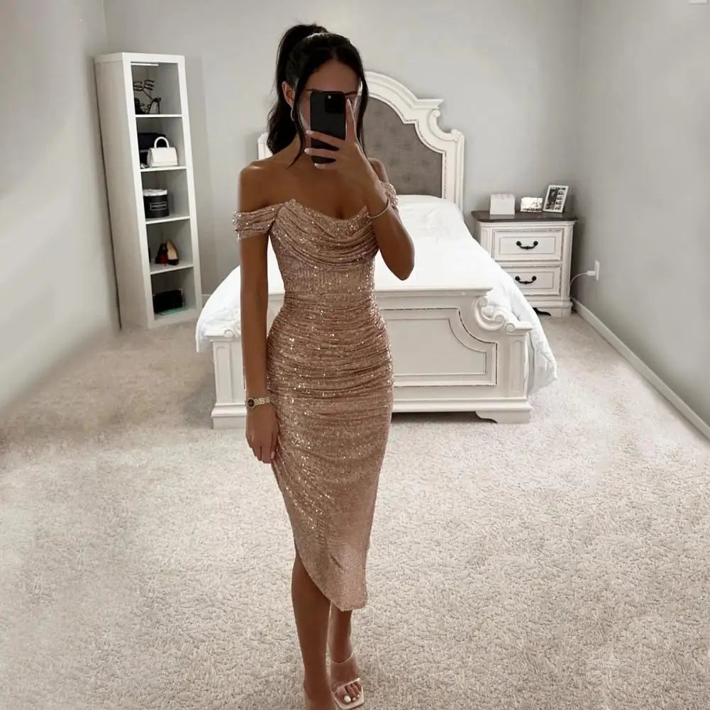 Sequined Evening Gown Sexy Low-cut Off Shoulder Slim Fit Bodycon Dress Shinny Sequins Irregular Hem Cocktail Party Midi Dress