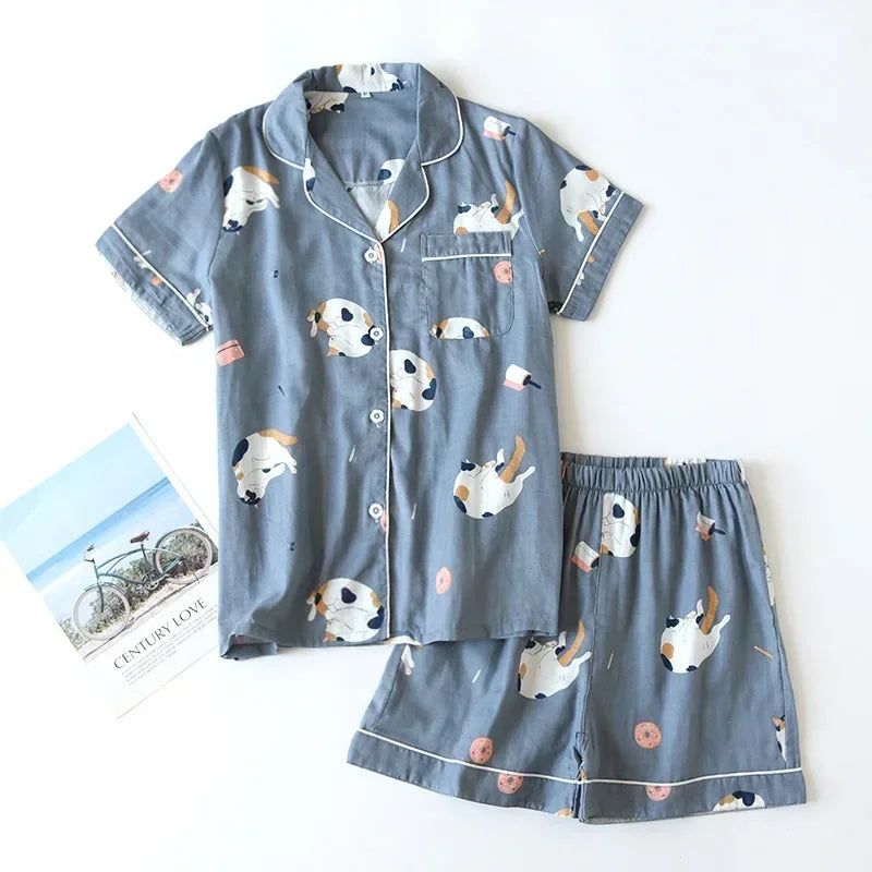 cotton short-sleeved shorts ladies pajamas set cute cartoon pajamas Japanese simple short pajamas women sleepwear