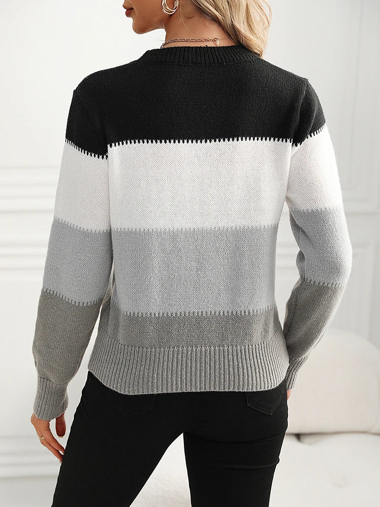 Women Knitted Sweater Soft Contrast Color Pullovers Basic Sweaters Casual Fashion Autumn Winter Women's Clothing Trend