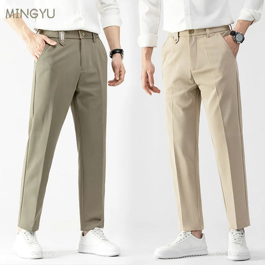 All Seasons Smooth Khaki Pants Men Business Suit Pant Solid Color Stretch Casual Brand Clothing Suit Trousers Male