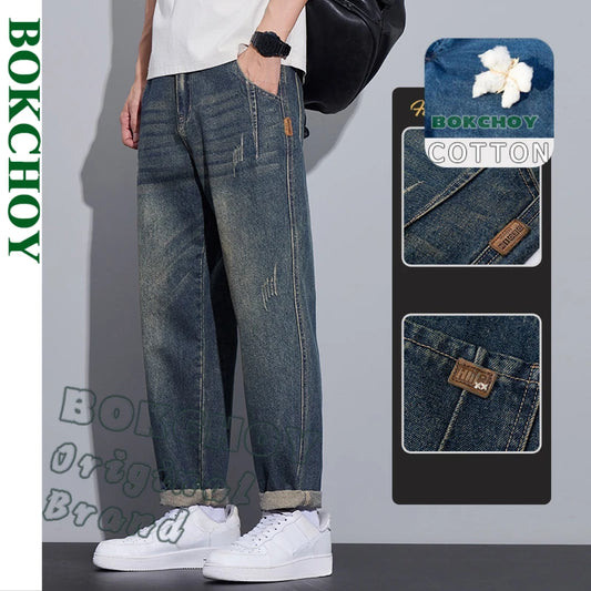 New Casual Drawstring Loose Micro-taper Men's Jeans Solid Color Streetwear Men Trousers