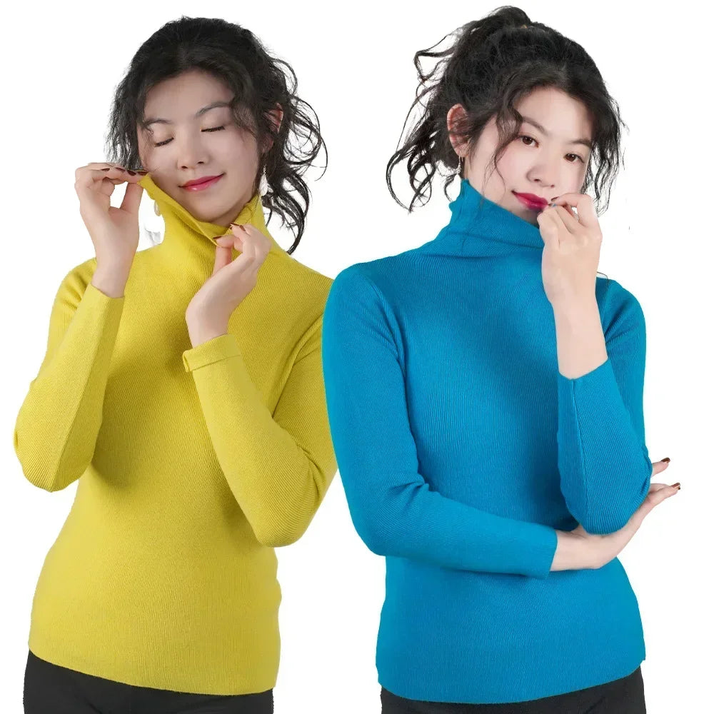 Women Long Sleeve Sweater High Collar Thermal Tops Turtleneck Woman Winter Thin Slim Jumpers Choker Sweaters