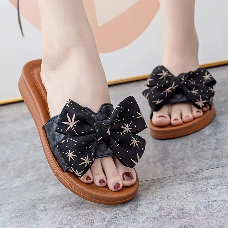 PVC Bow Women Sandals 3cm Thick Casual Shoes One line Elevated Flat Bottom Slippers