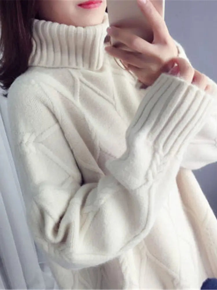 Sweater Female Korean Version Loose Fashion Style Wild Mid-Length High Neck Knitted Bottoming Shirt