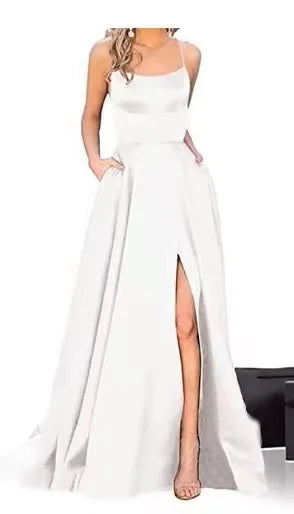 Women's Banquet Slit Long Dress With Small Tail Suspender Solid Color Banquet Evening Dress Long Dress