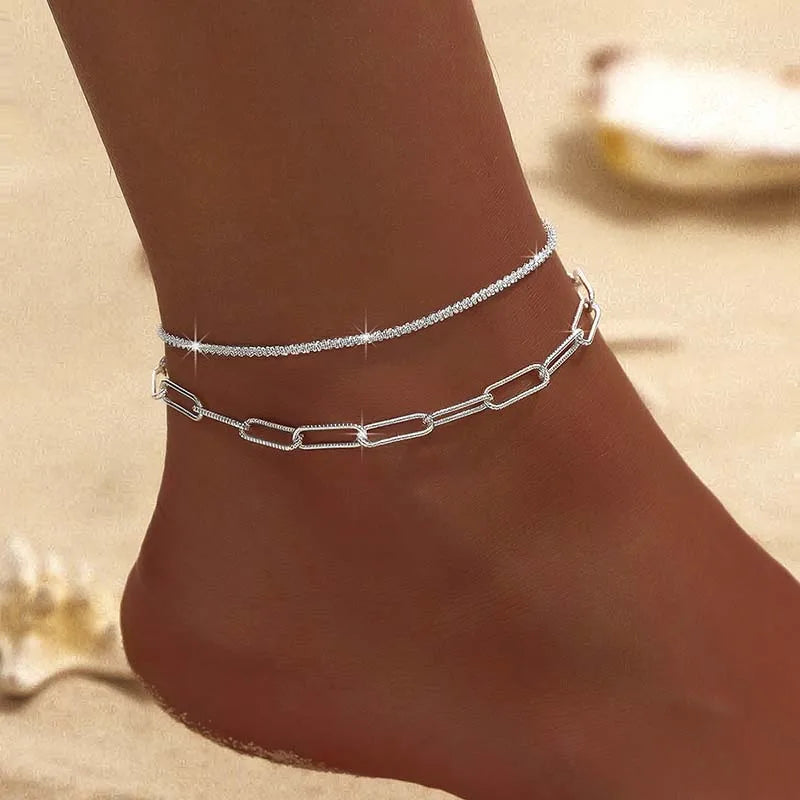 Sparkling Thin Chain Anklet For Women Zircon Heart Cross Pendant Double Layer Bracelet On Leg Foot Trendy Summer Beach Jewellery