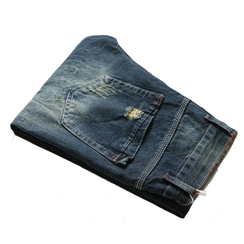 Denim Casual Ripped Trousers Men's Fashion Long Plus Size 28-42 Jeans Hole Ruined Ripped Cotton s Dark Blue Dropship