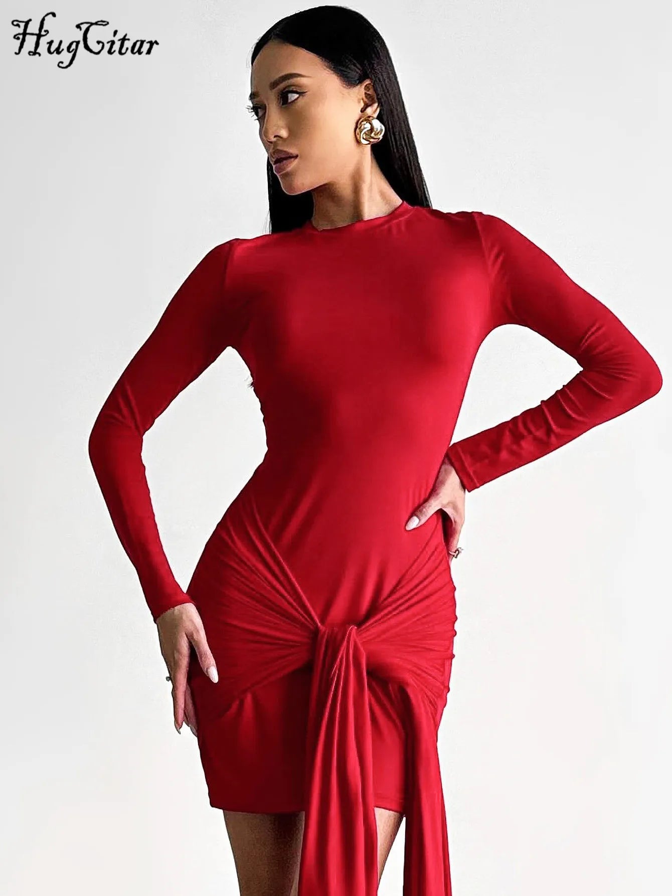 Fashion Solid Long Sleeve Bandage Ruched Sexy Bodycon Mini Dress Outfits Evening Party Festival