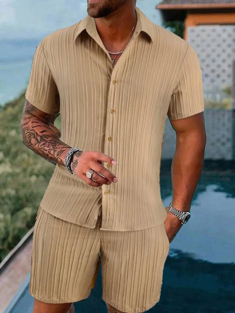 Men's Beach Suit, Striped and Solid Color Short Sleeve Shirt with Shorts, Sports Casual, Breathable, Lightweight, High-Quality Men's Wear.