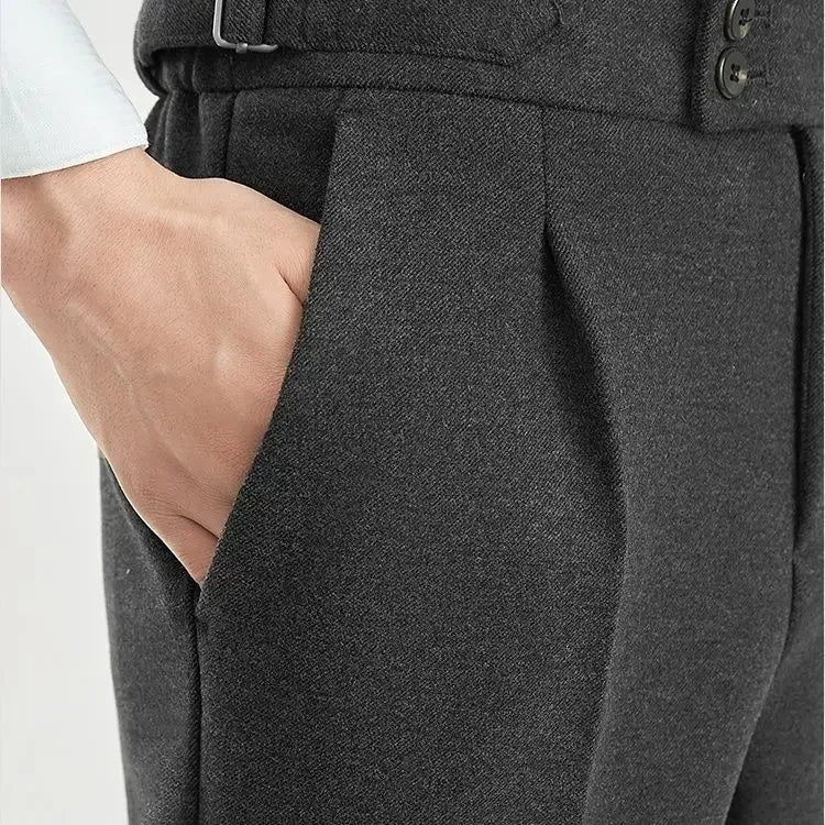 Men's Fashion High Waist Wool Trousers Tweed Casual Pockets Pants