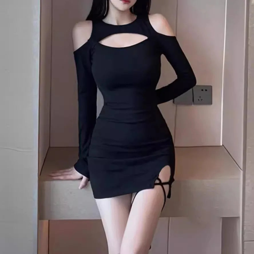 Women Elegant Evening Party Dress Solid Color Long Sleeve High Waist Sexy Hollow Out bandage Mini Dress Beachwear vestido