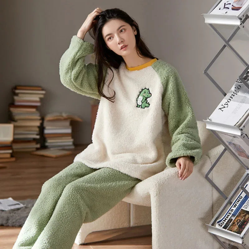 Thickened Warm Flannel Women's Sleepwear Coral Velvet Pajamas Loungewear Winter Cartoon Bear Padded Girl Nightwear Homewear Sets