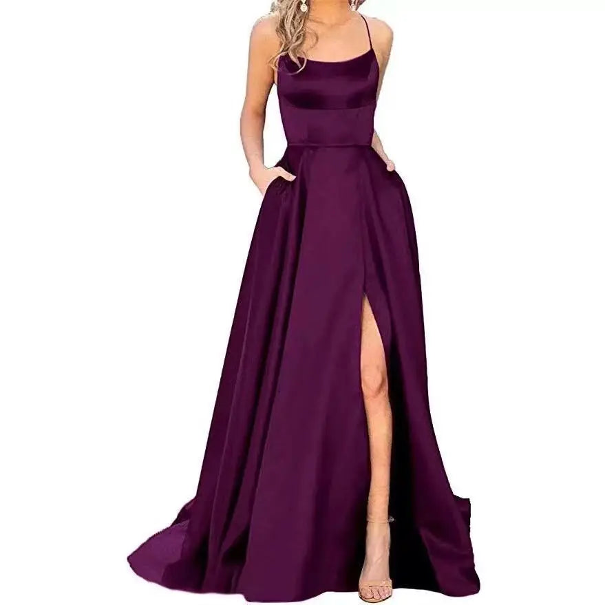 Women's Banquet Slit Long Dress With Small Tail Suspender Solid Color Banquet Evening Dress Long Dress