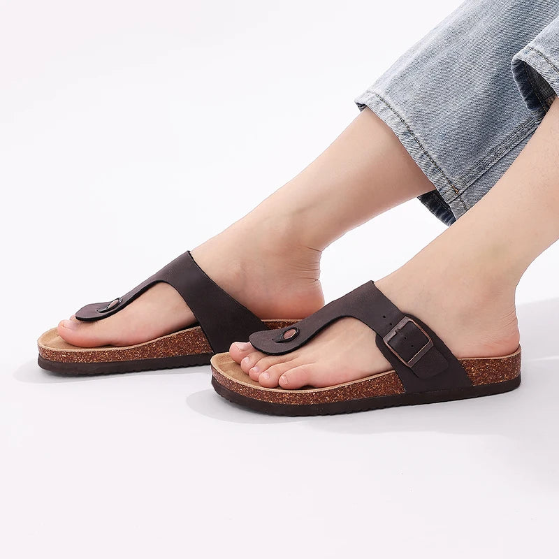 Flat Flip Flops Mens Cozy Casual Bedroom Sandals Summer Cork Slippers For Men Soft Sole Home Slides With Arch Support