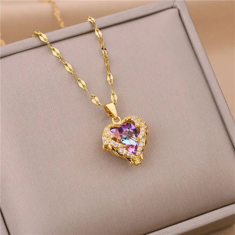 Luxury Colorful Crystal Ocean Heart Pendant Necklace For Women Trendy 316L Stainless Steel Jewellery Female Wedding Neck Chain