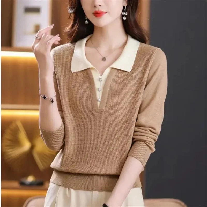 Sweater Women Pullover All-Match Turn-Down Collar Color Blocking Fake Two Pieces Sweater Knitted Female