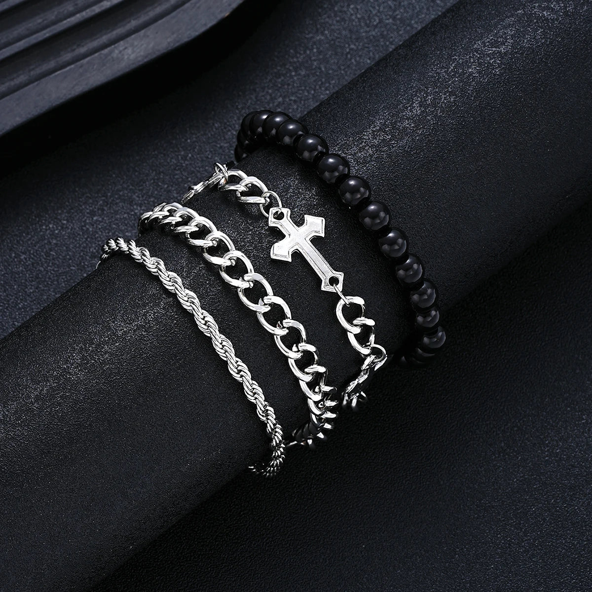 4 Pcs Stainless Steel Bracelet Set For Men Women Punk Fashion Cross Beads Chain Bracelets Simple Hip Hop Unisex Jewellery Gift