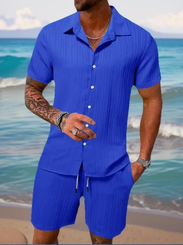 Men's Beach Suit, Striped and Solid Color Short Sleeve Shirt with Shorts, Sports Casual, Breathable, Lightweight, High-Quality Men's Wear.