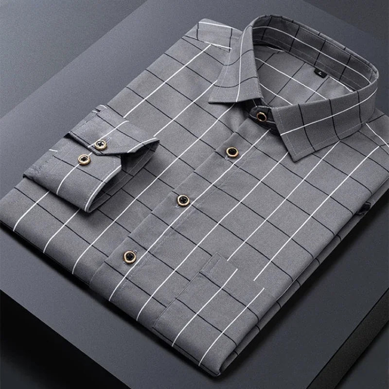 Men's Striped Shirts Formale Casual Printed Plaid Shirt Long Sleeve Slim Fit Botton Down Male Office Business Dress Shirt