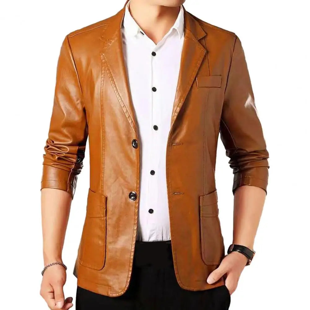 Men Jacket with Button Decoration Long-lasting Wear Men Jacket Stylish Lapel Collar Men's Leather Jacket for Outdoor for Men