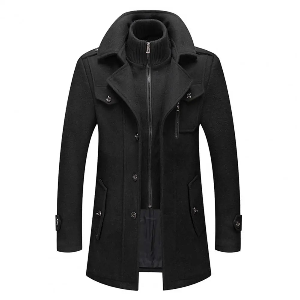 Stylish Coat Temperament Zipper Buttons Coat Solid Color Autumn Winter Men Jacket for Business