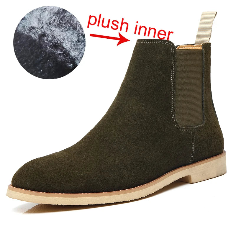 British Style Men's Genuine Suede Leather Chelsea Boots High-top Business Dress Shoes Fashion Warm Winter Men Riding Boots