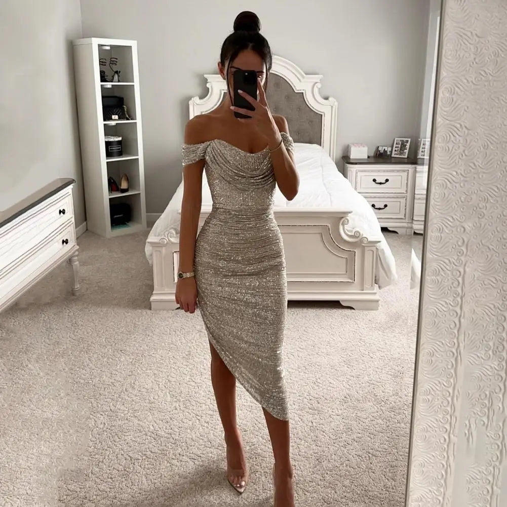 Sequined Evening Gown Sexy Low-cut Off Shoulder Slim Fit Bodycon Dress Shinny Sequins Irregular Hem Cocktail Party Midi Dress