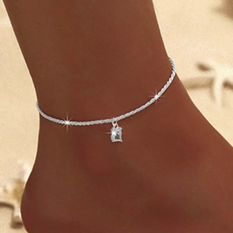 Sparkling Thin Chain Anklet For Women Zircon Heart Cross Pendant Double Layer Bracelet On Leg Foot Trendy Summer Beach Jewellery