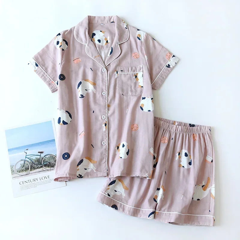 cotton short-sleeved shorts ladies pajamas set cute cartoon pajamas Japanese simple short pajamas women sleepwear