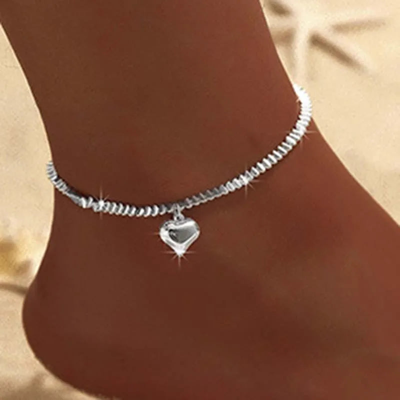 Sparkling Thin Chain Anklet For Women Zircon Heart Cross Pendant Double Layer Bracelet On Leg Foot Trendy Summer Beach Jewellery