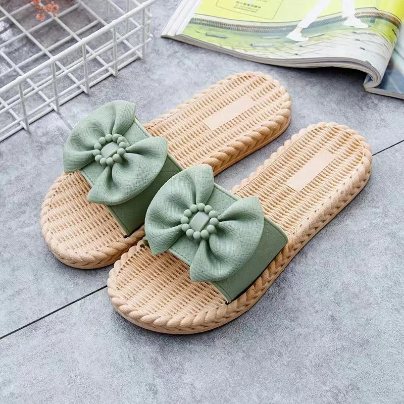 PVC Bow Women Sandals 3cm Thick Casual Shoes One line Elevated Flat Bottom Slippers