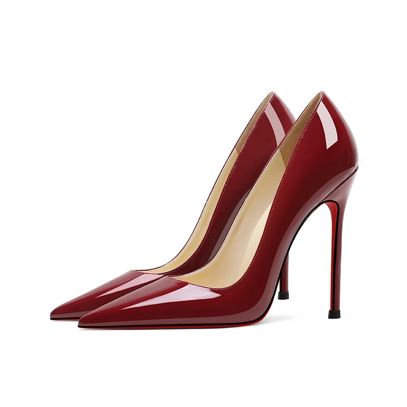 Lacquer leather wine red high heels, women's thin heels, sexy shallow mouth, large size, spring and autumn new pointed toe