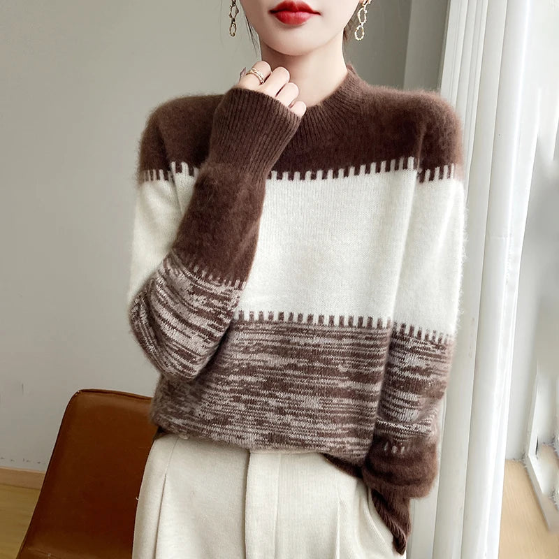 Half Turtleneck Women's Sweater Fashion Colorblock Wool Sweater Warm All-Matching Pullover