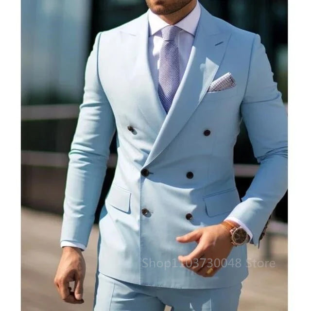 2 Pieces Men Suits Set Fashion New Men's Formal Business/Wedding Groom Suits Peak Lapel Double Breasted Blazer Trousers