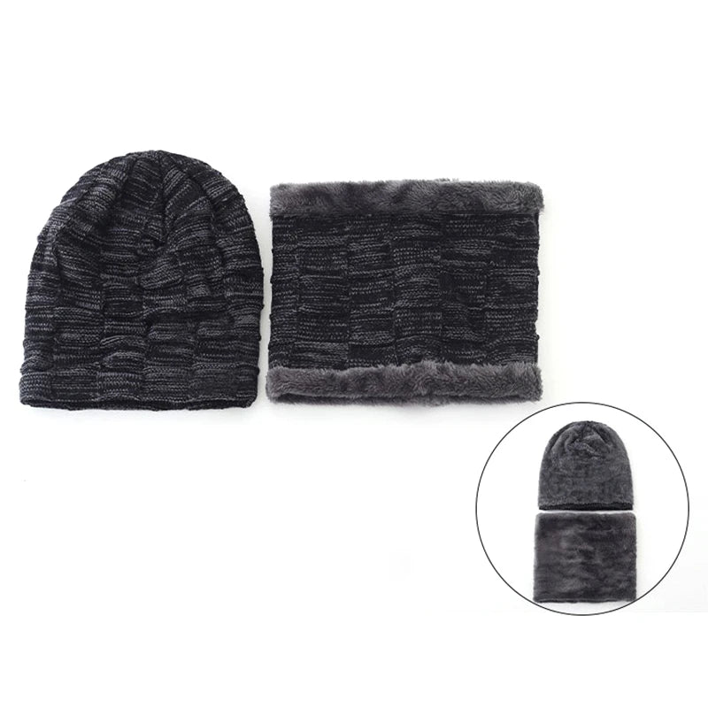 Mens Beanie Hat 2pcs Ski Cap And Scarf Winter Warm Woolly Hats Knit Ribbed Hiking Outdoor Plus Velvet Thicken Hedging Caps