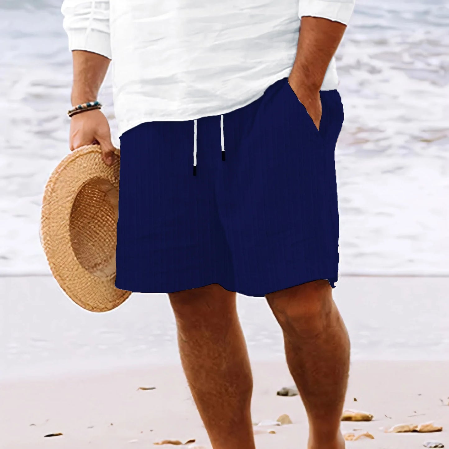 New fashion Men's Hawaiian Beach style solid color striped multi-pocket tethered casual lightweight comfortable shorts