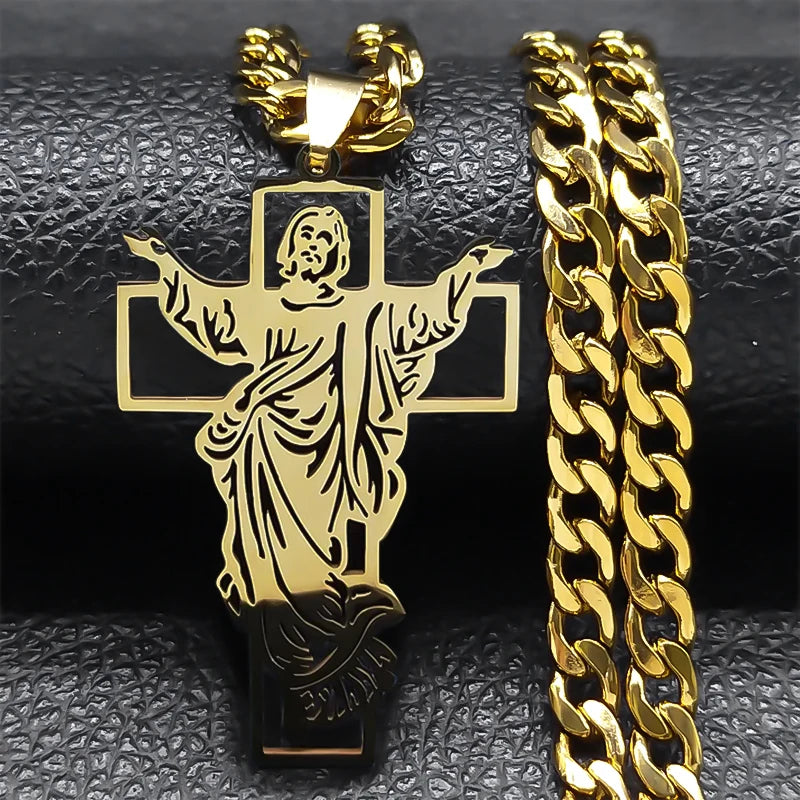 Hip Hop Punk Crown of Thorns Jesus Cross Necklace for Men Stainless Steel Gold Plated Crucifix Pendant Necklaces Jewellery