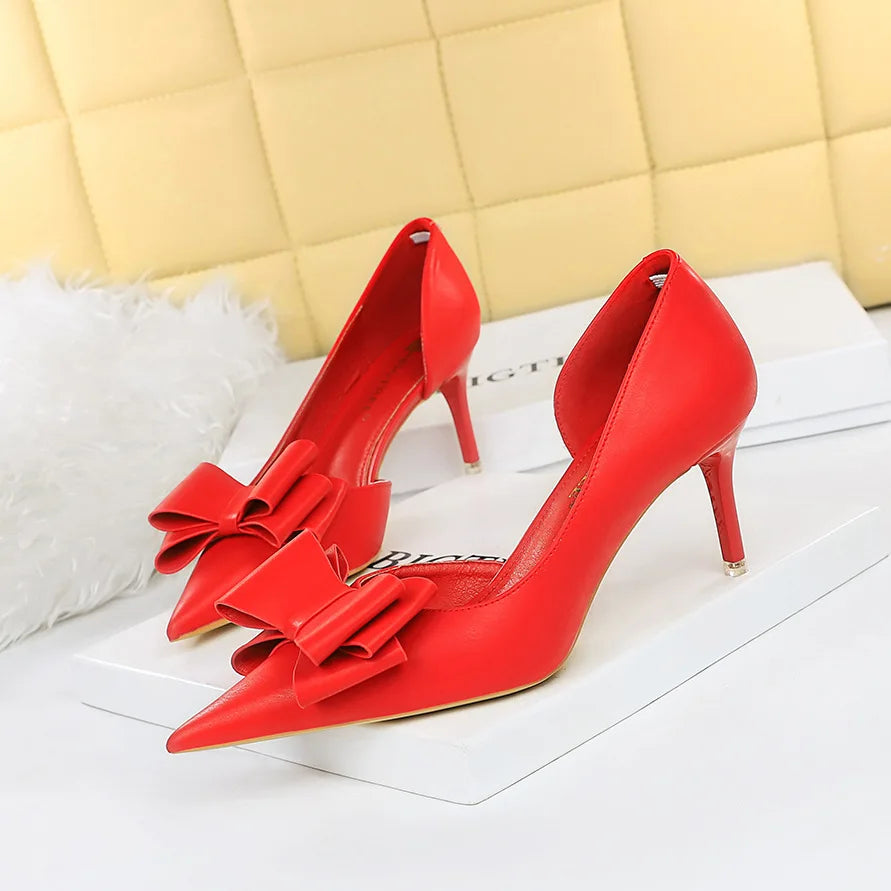 Fashion Women's Shoes Wedding Bow High Heels Stiletto Heels Shallow Pointed Head Side Empty Thin Shoes