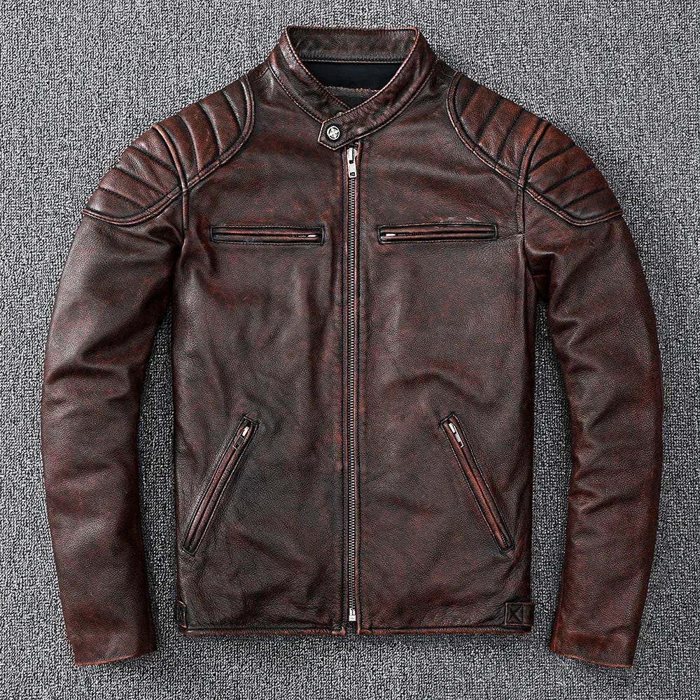 New Vintage Style Mens Cowhide Clothes Biker Genuine Leather Jacket Fashion Brown Leather slim coat men