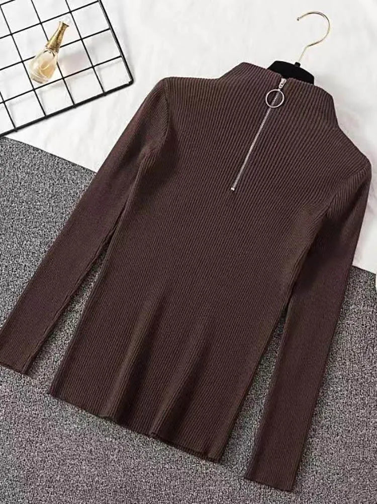 Women Fashion Solid Knitted Sweaters Vintage Long Sleeve Zip-up Basic Half Turtleneck Sweater Female Pullovers Chic Casual Tops