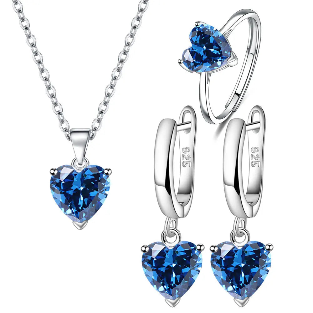 925 Sterling Silver Jewellery Sets For Women Heart Zircon Ring Earrings Necklace Elegant